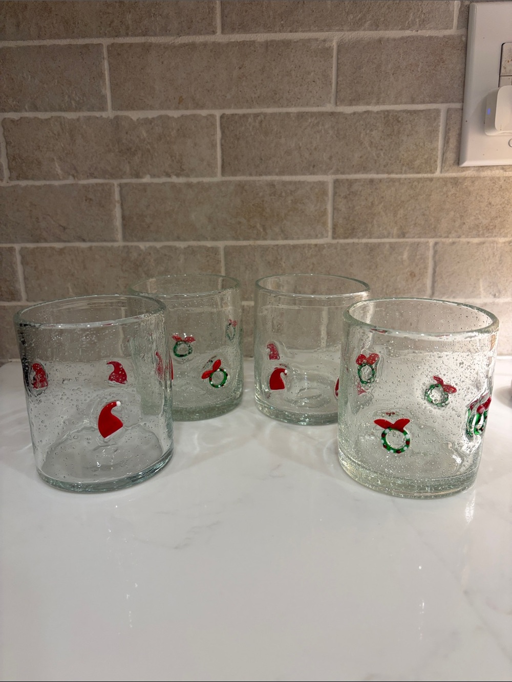 Holiday Wreath and Santa Hat Glass Juice Glass Set of 4 - Christmas
